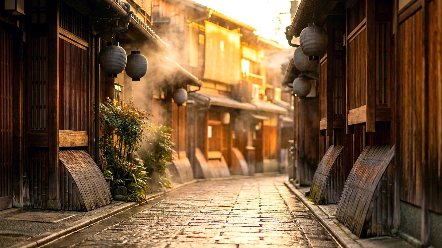 A narrow canal in Kyoto at dawn with willows leaning over the water and mist rising