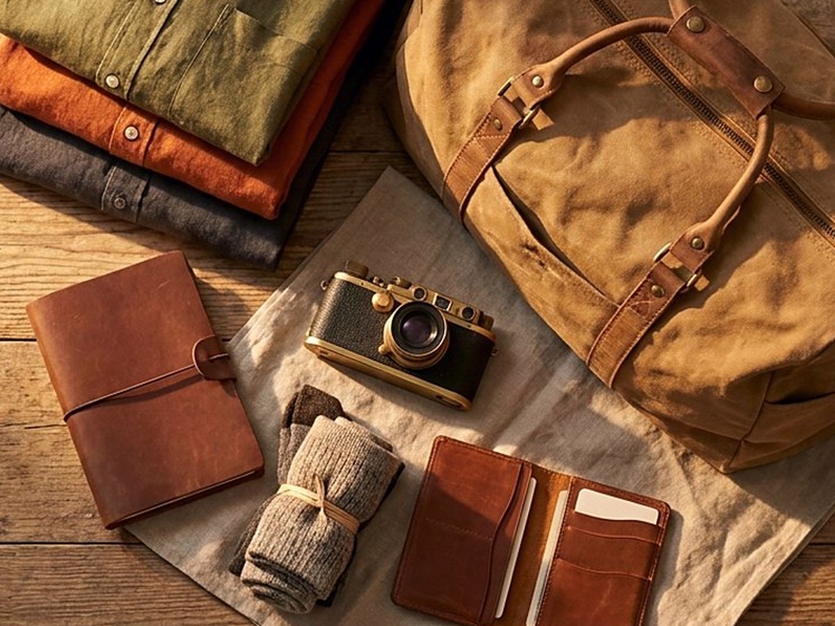 Walking shoes, a folded tote, and a small toiletry pouch arranged on a wooden floor by a sunlit window